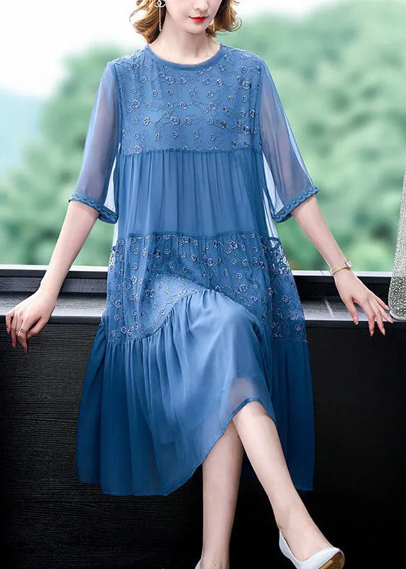 Classy Blue Embroideried Wrinkled Patchwork Chiffon Dresses Summer LY4544