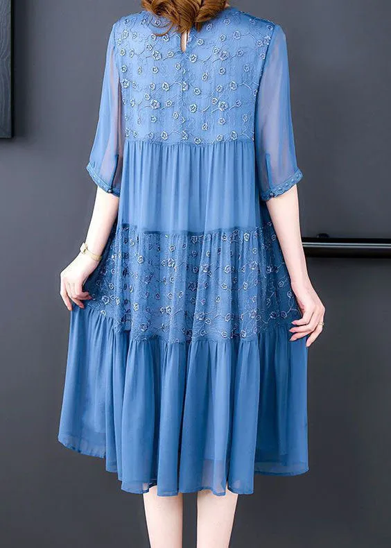 Classy Blue Embroideried Wrinkled Patchwork Chiffon Dresses Summer LY4544