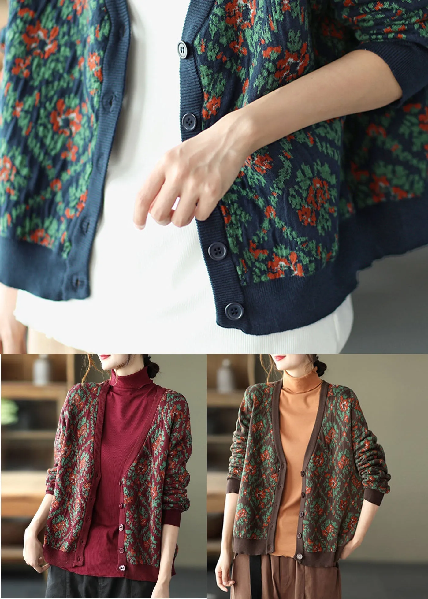 Classy Coffee Oversized Print Knit Cardigan Spring