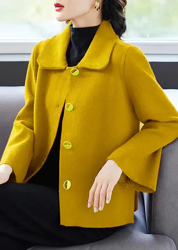 Classy Yellow Peter Pan Collar Pockets  Woolen Coat Fall ML3316