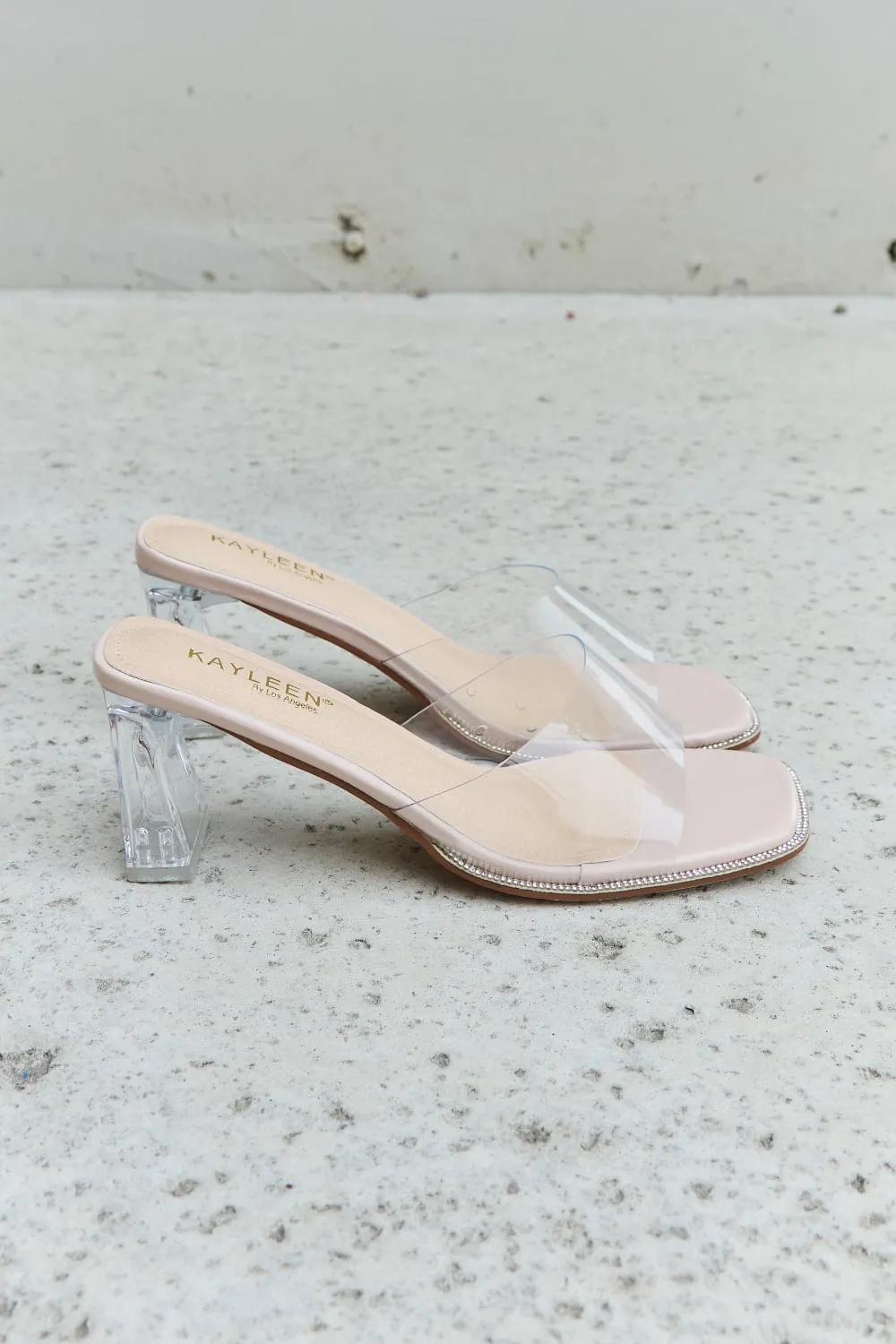 Clear Mule Block Heels in Nude