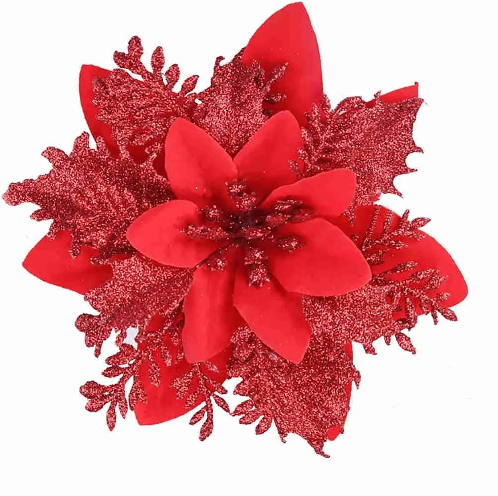 Clearance Bulk 14 Colors 6" Glitter Poinsettia Artificial Christmas Flowers Xmas Tree Ornaments Wholesale