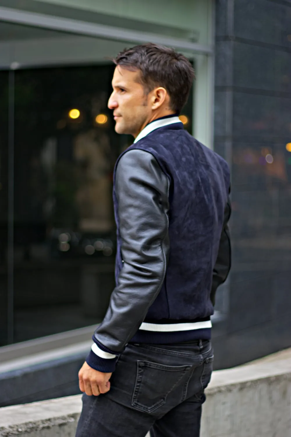 CLUB 9 Varsity Bomber Jacket in Deep Blue Suede & Black