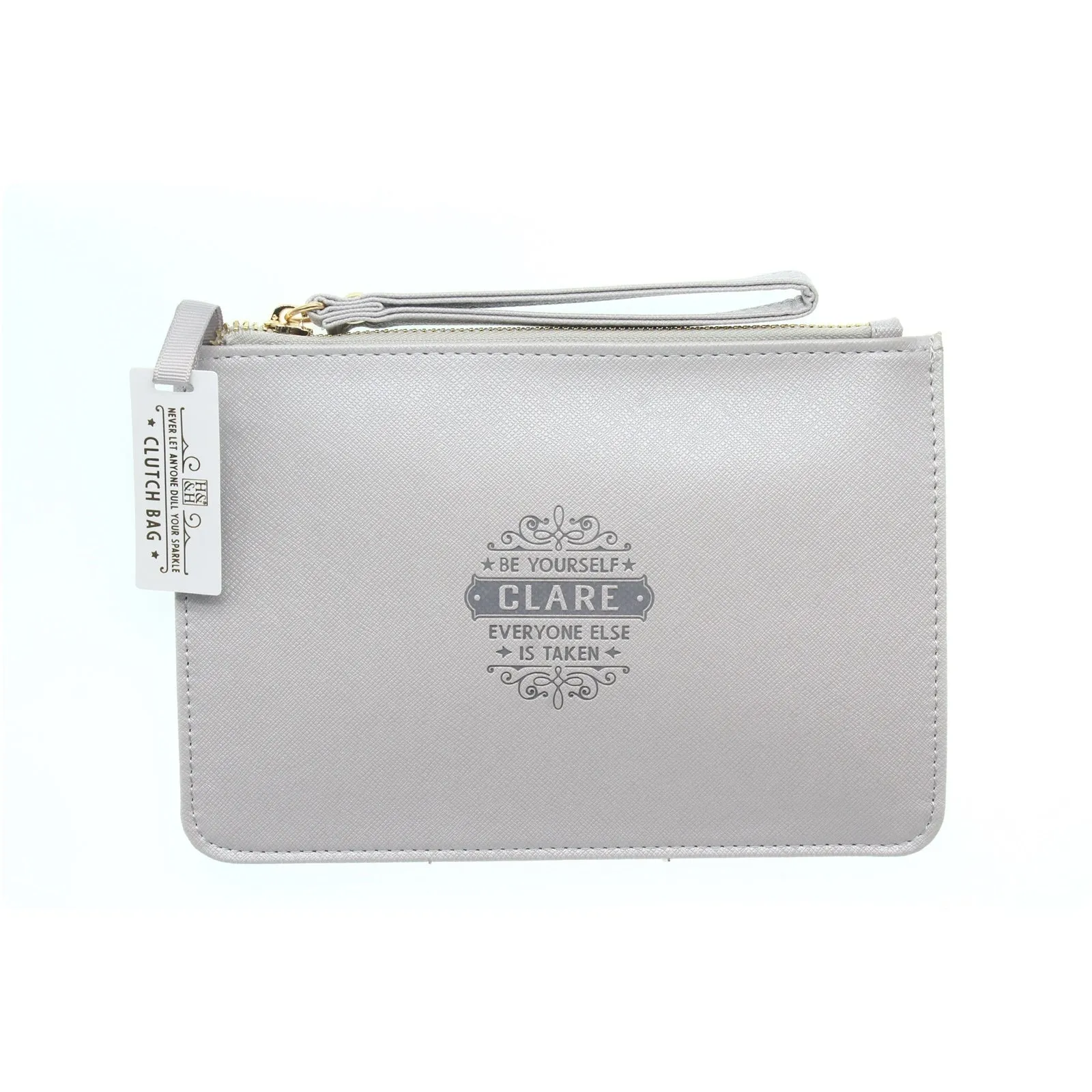 Clutch Bag With Handle & Embossed Text "Clare"