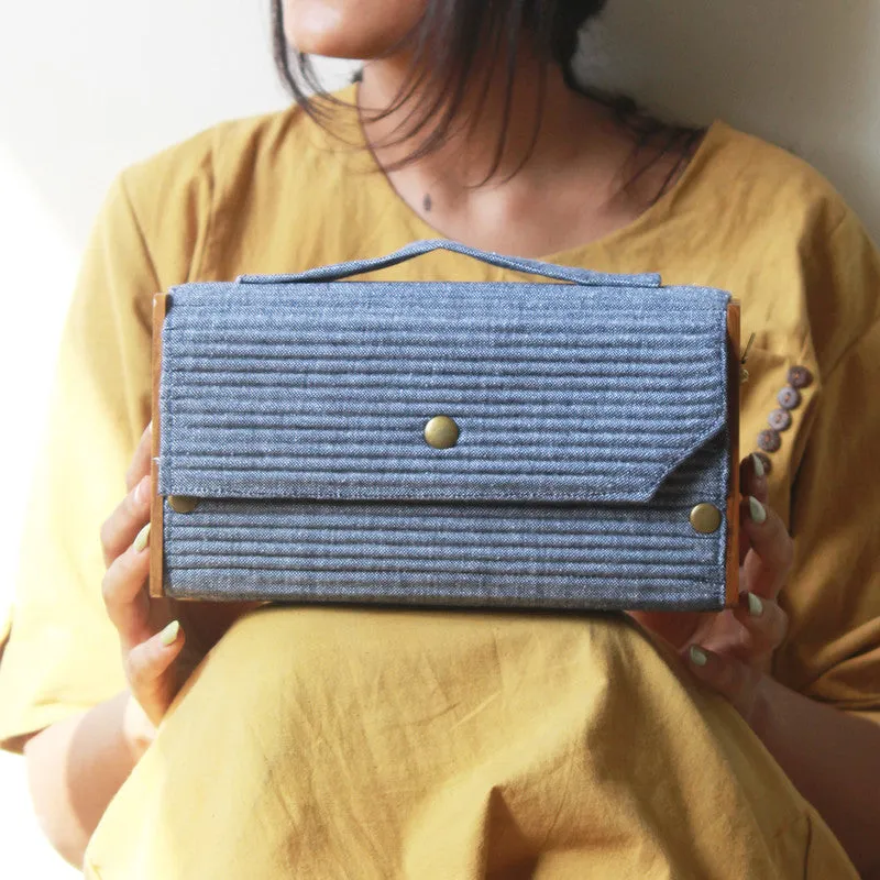 Clutch for Women | Box Clutch | Cotton & Re-Claimed Wood | Denim