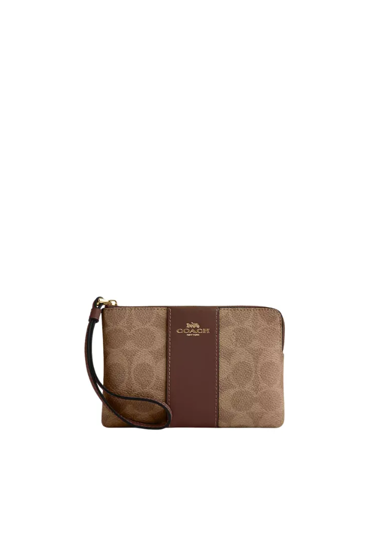 Coach Corner Zip Wristlet Signature With Stripe In Tan Brown CW854