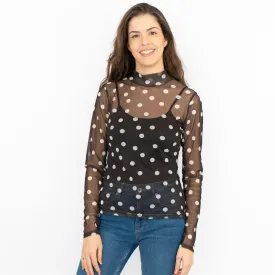 Coast Black Polka Dot Spotty High Neck Long Sleeve Mesh Tops