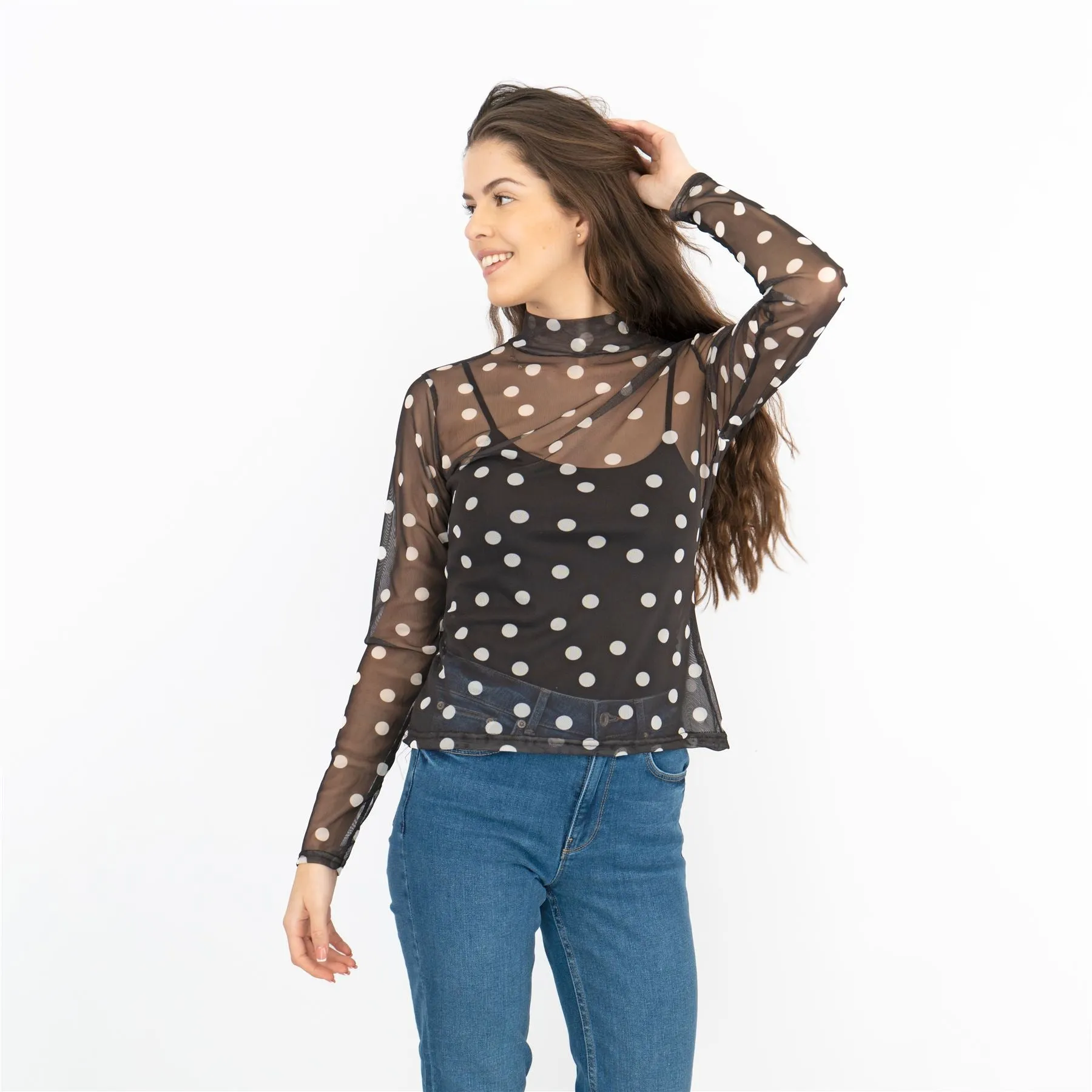 Coast Black Polka Dot Spotty High Neck Long Sleeve Mesh Tops