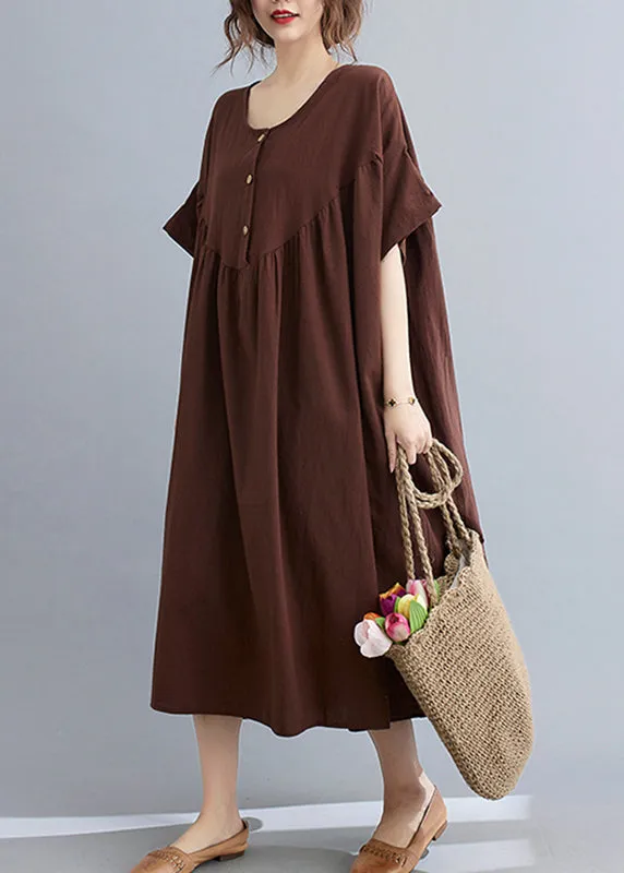 Coffee O-Neck Wrinkled Maxi Dresses Summer GH1049