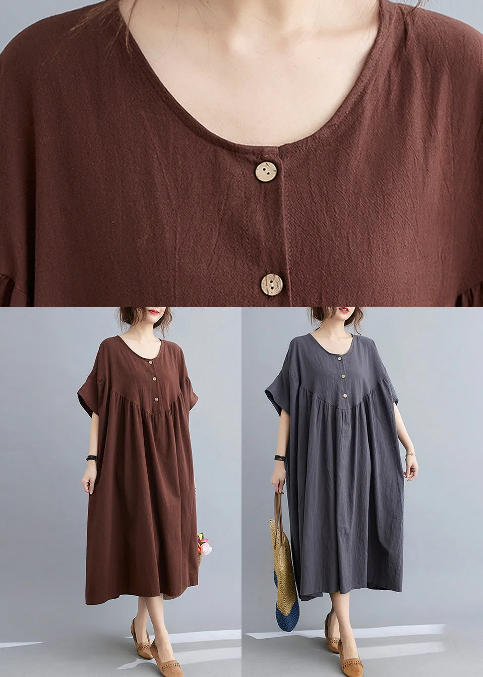 Coffee O-Neck Wrinkled Maxi Dresses Summer GH1049