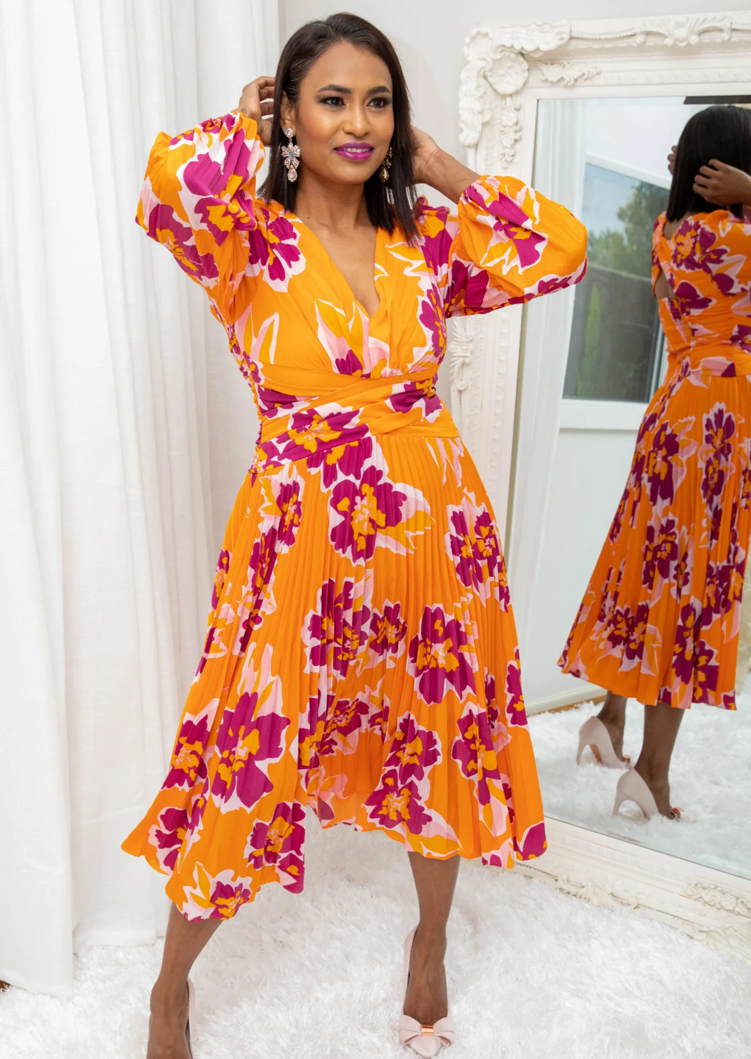 Coleen Orange Floral Pleated Midi Dress