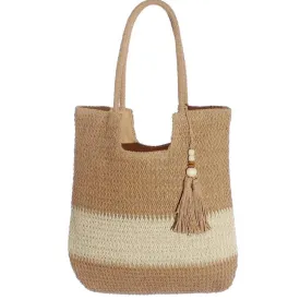 Color Block Chevron Crochet Rattan Beach Tote Bag