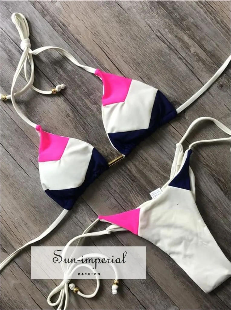 Color Block White Camel Blue Bikini Set Women’s Swimming Suit Halter Drawstring Bathing Suit