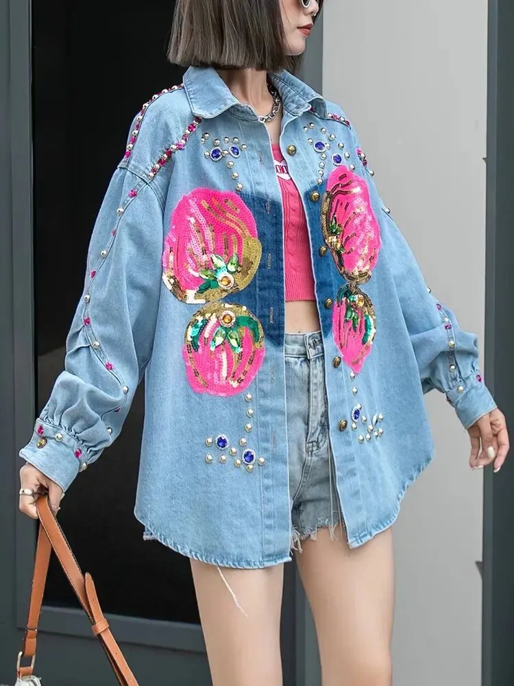 Colorblock Patchwork Diamond Casual Denim Blouses For Women Lapel Long Sleeve Spliced Single Breasted Blouse Female