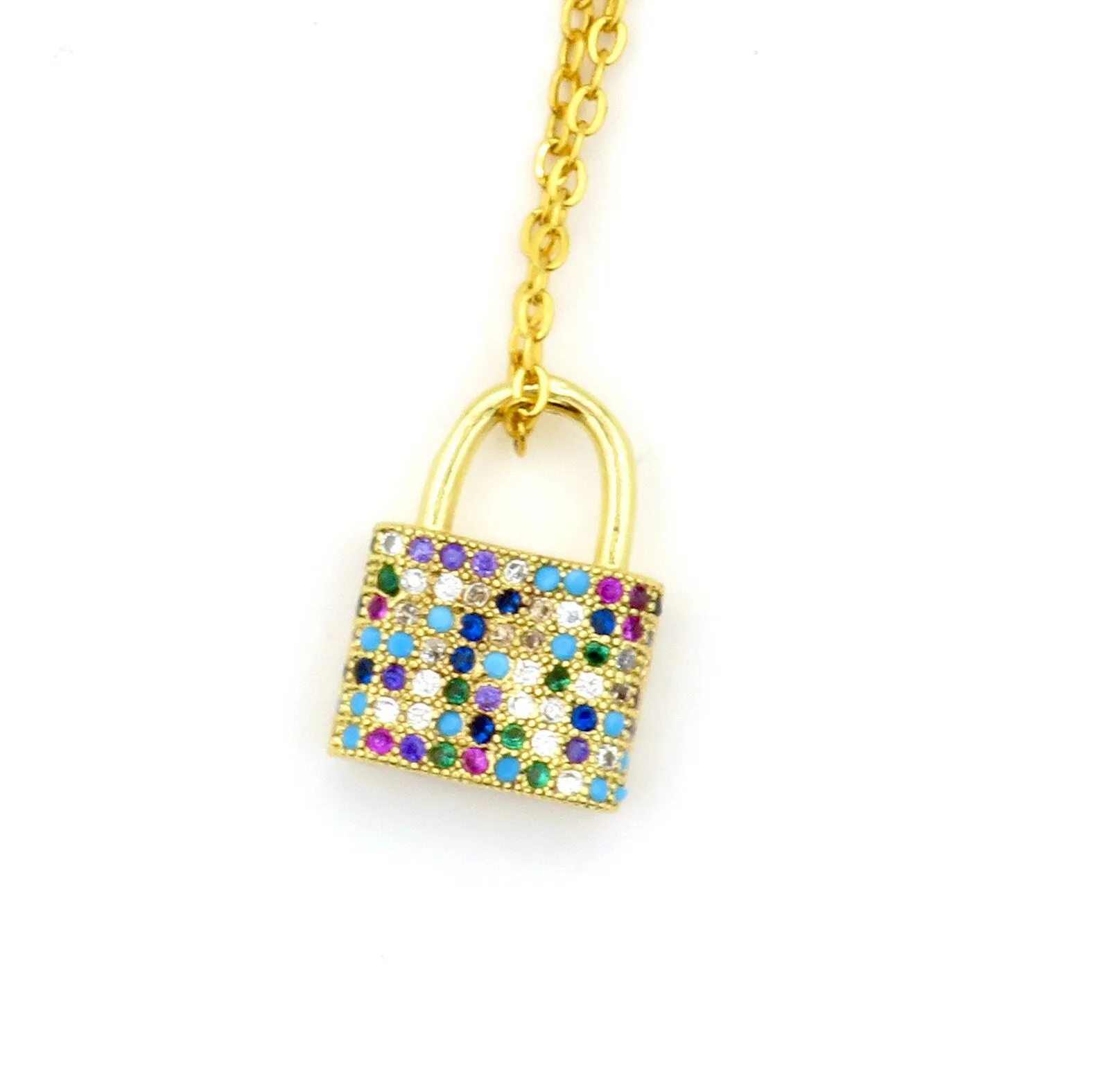 Colorful Sparkly Gold Padlock Necklace