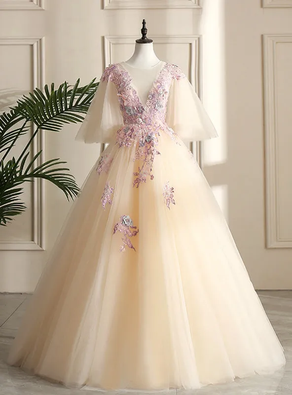 Come In All Styles And Colors Champagne Ball Gown Tulle Appliques See Through V-neck Quinceanera Dress