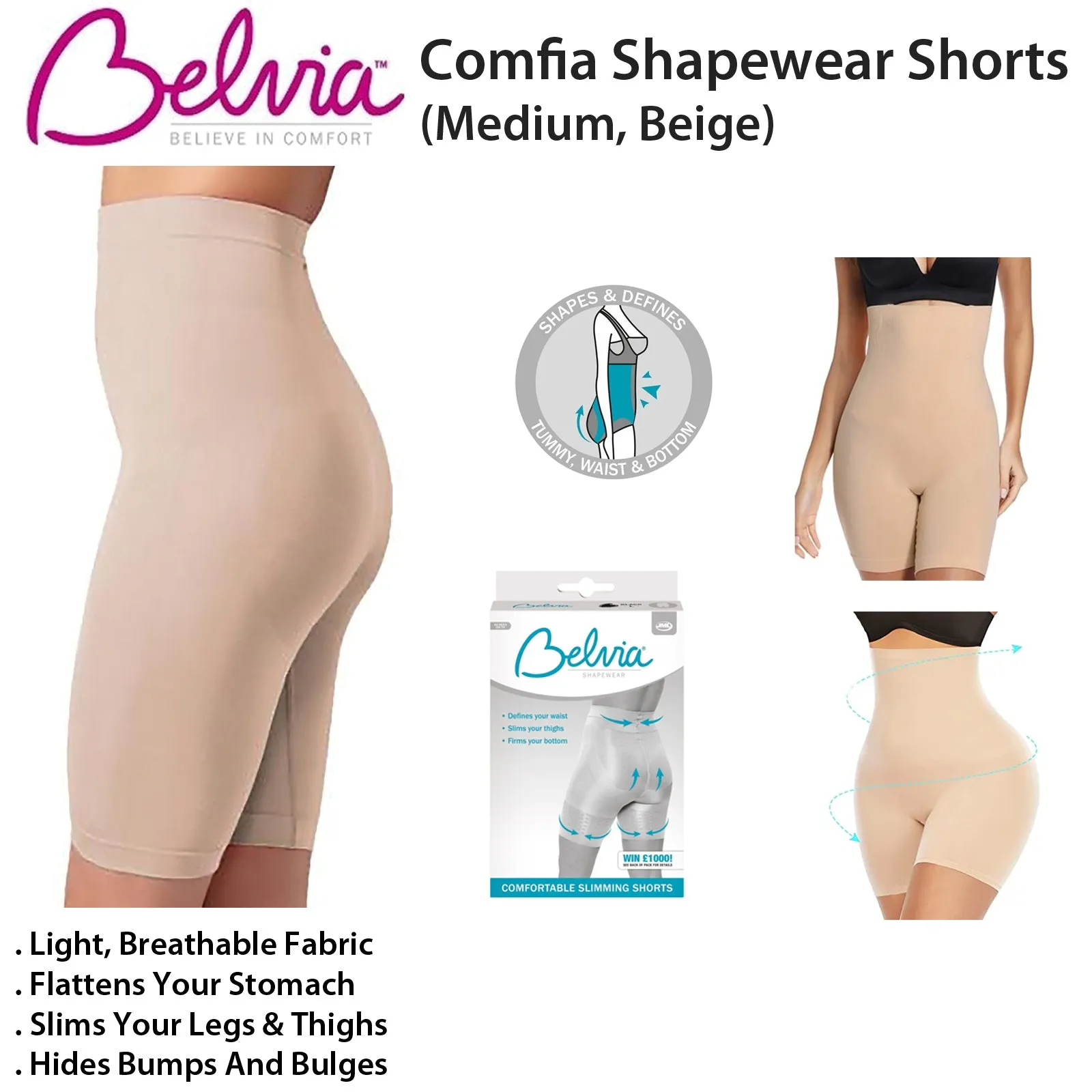 Comfia Shapewear Shorts - Seamless Comfort and Slimming Support (Medium, Beige)