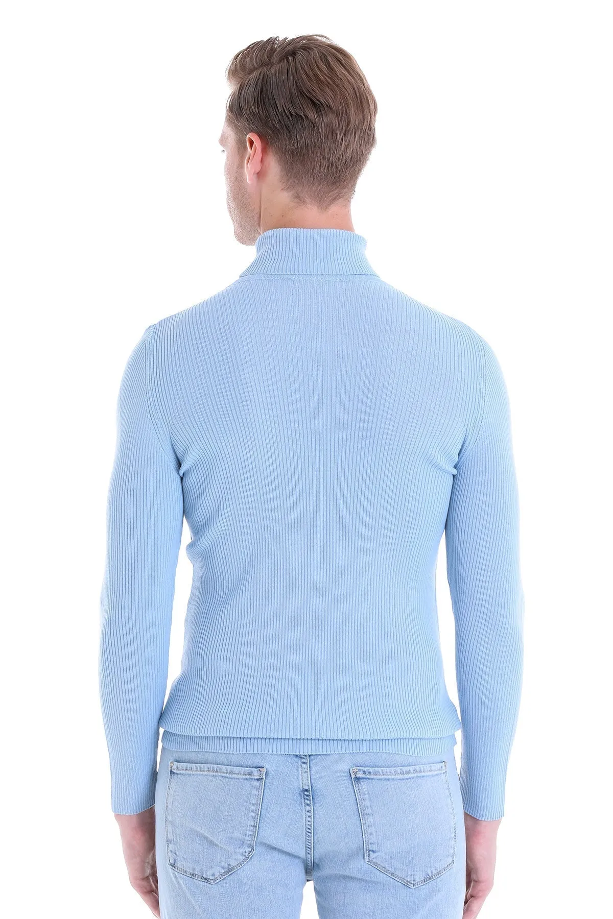 Comfort Fit Wool Blend Blue Turtleneck Sweater