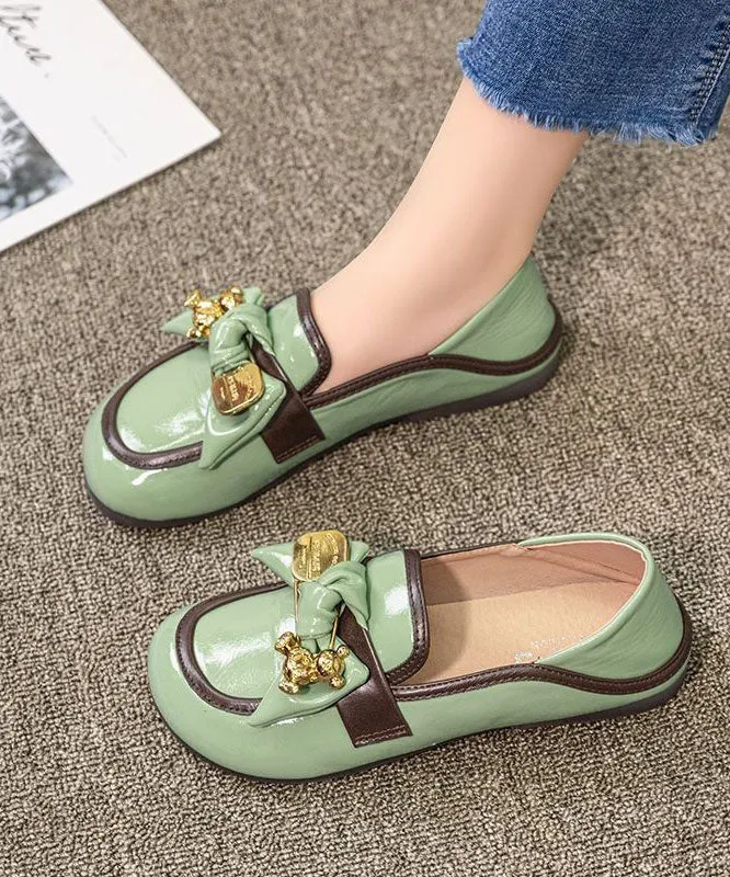 Comfy Green Faux Leather Splicing Bow Loafers For Women LY1720