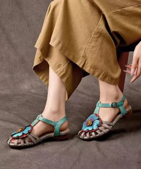 Comfy Splicing Wedge Sandals Grey Cowhide Leather Floral Hollow Out OI024