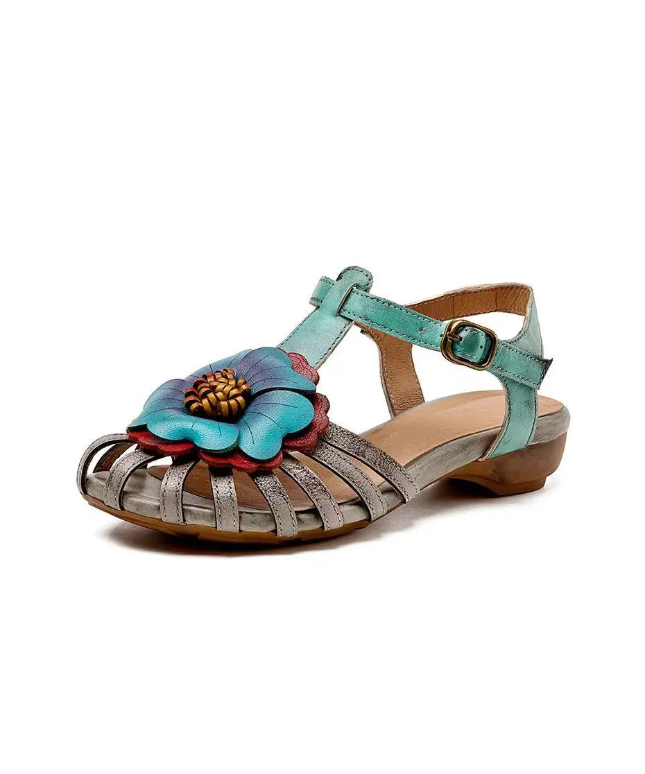 Comfy Splicing Wedge Sandals Grey Cowhide Leather Floral Hollow Out OI024