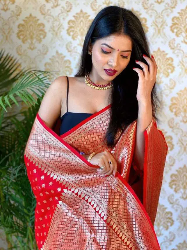 Confounding Red Soft Banarasi Silk Saree With Glowing Blouse Piece