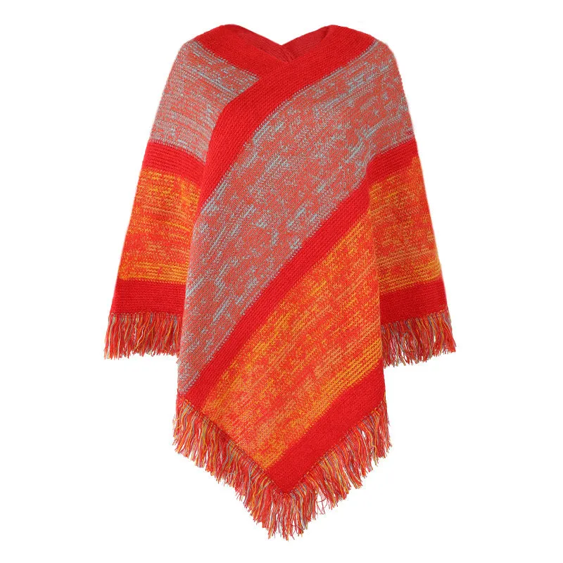 Contrast stripe knitted cape fringed cape