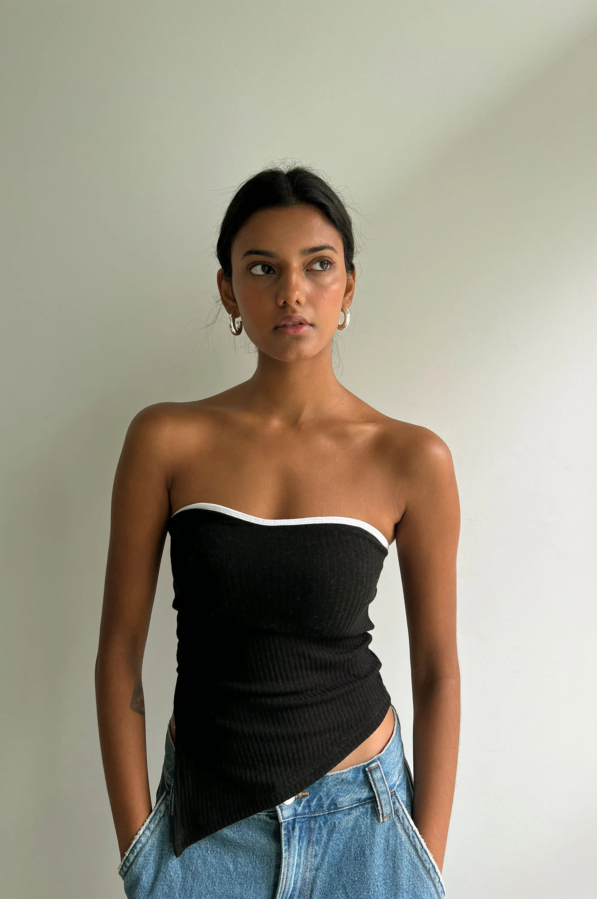 CONTRAST TRIM ASYMMETRICAL TUBE TOP