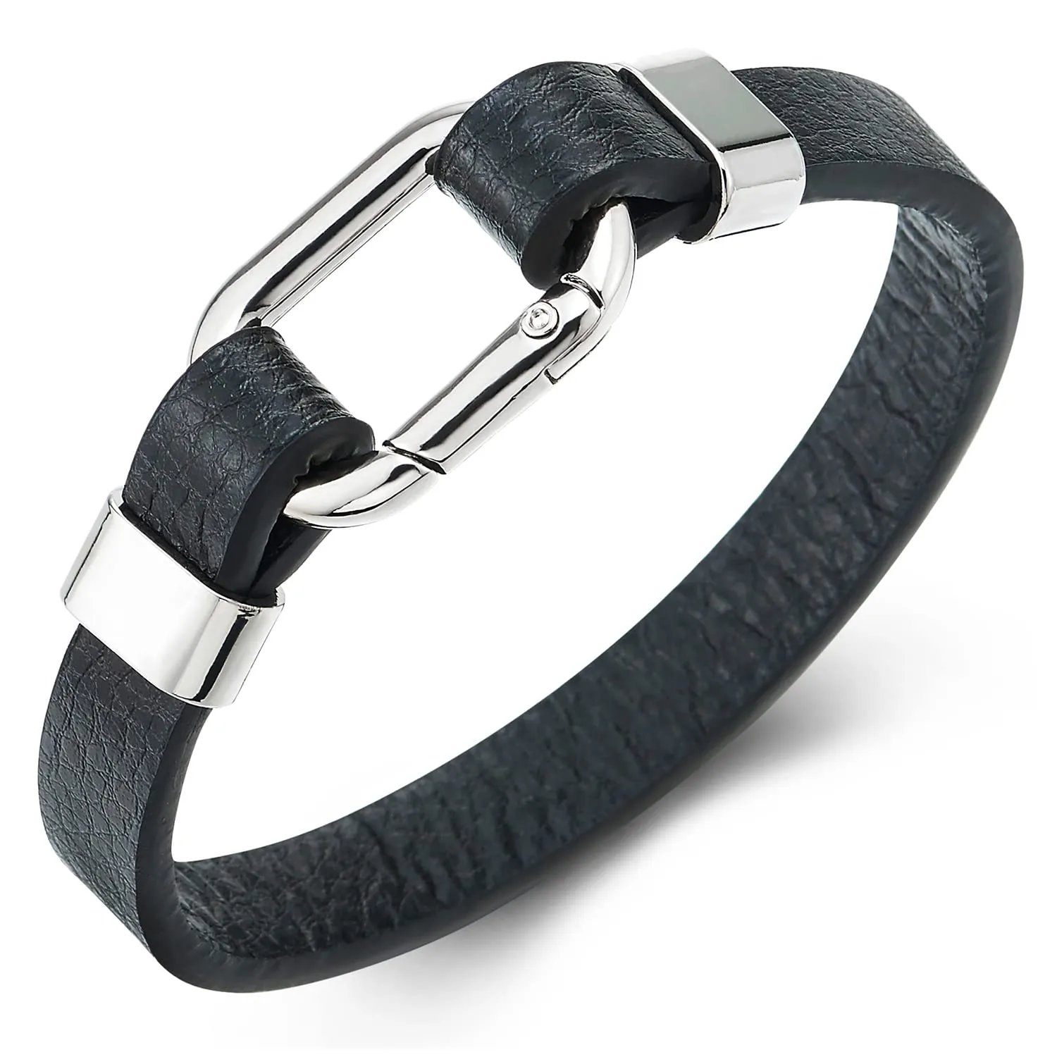 COOLSTEELANDBEYOND Square Oval Link Clasp Black Leather Bracelet Men Women, Bangle Wristband