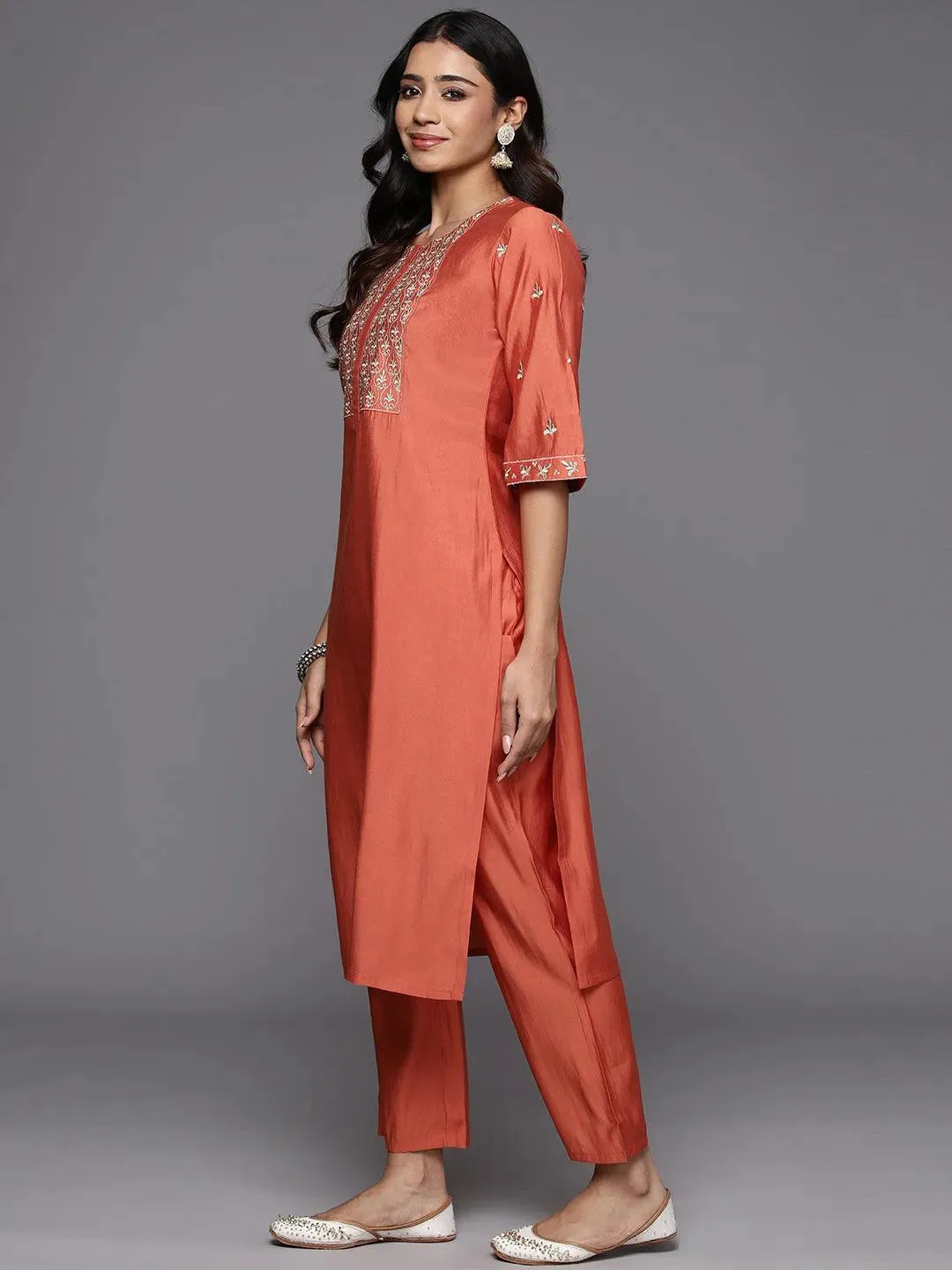 Coral Solid Silk Blend Straight Suit With Dupatta