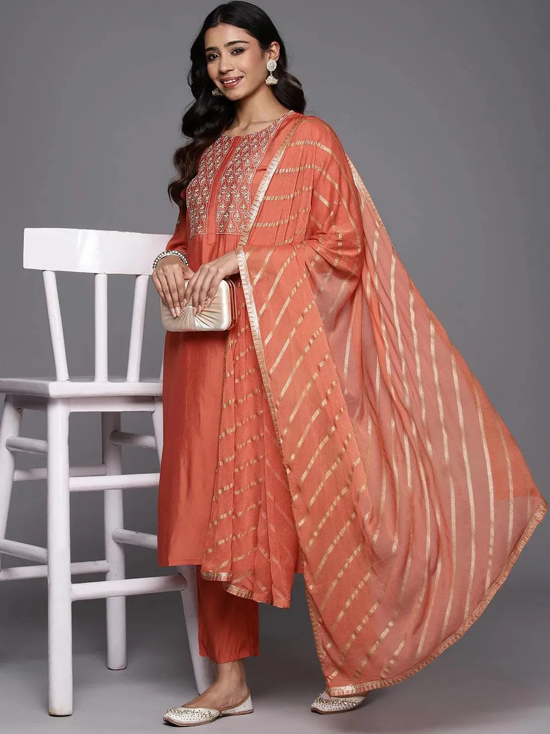 Coral Solid Silk Blend Straight Suit With Dupatta