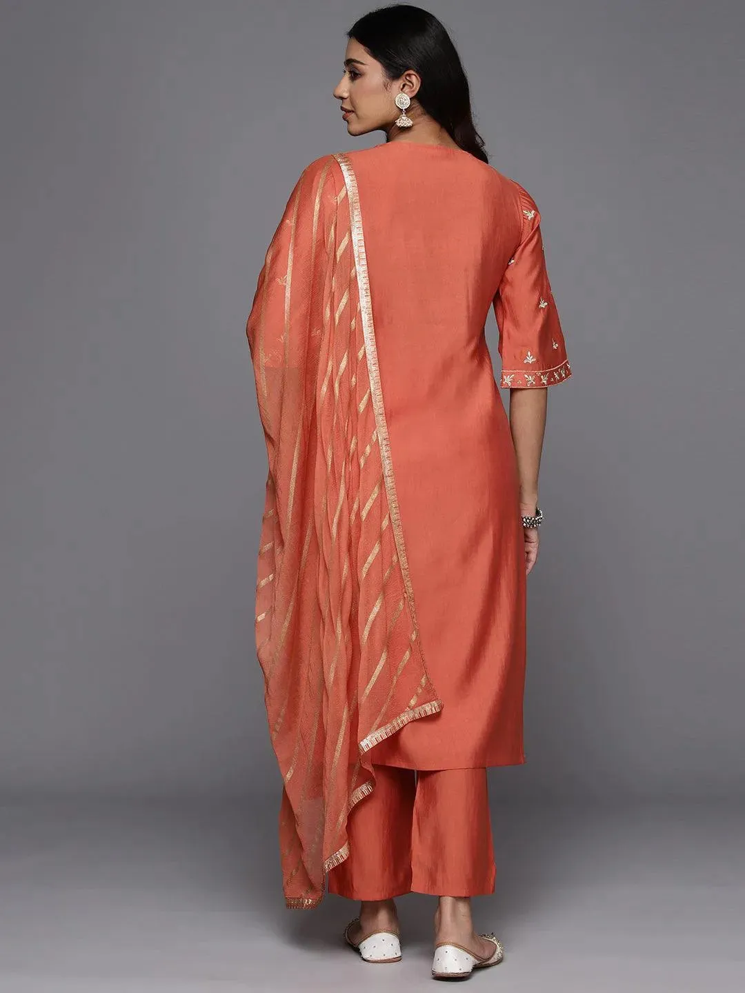 Coral Solid Silk Blend Straight Suit With Dupatta