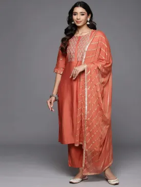 Coral Solid Silk Blend Straight Suit With Dupatta