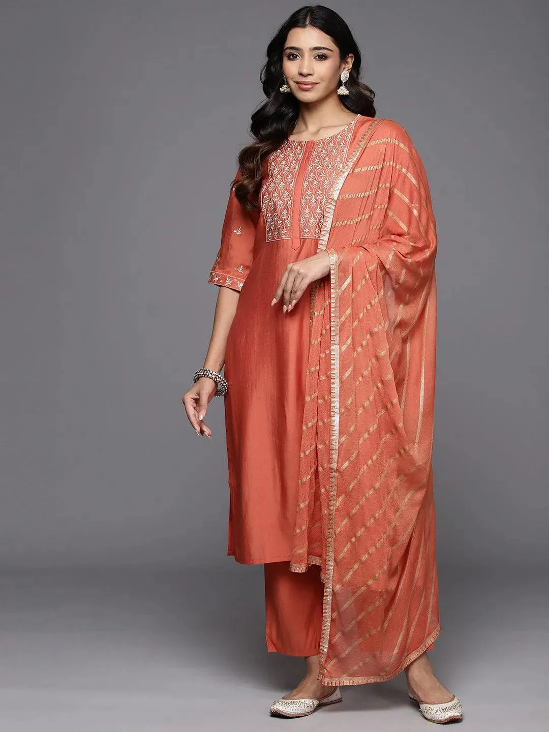 Coral Solid Silk Blend Straight Suit With Dupatta