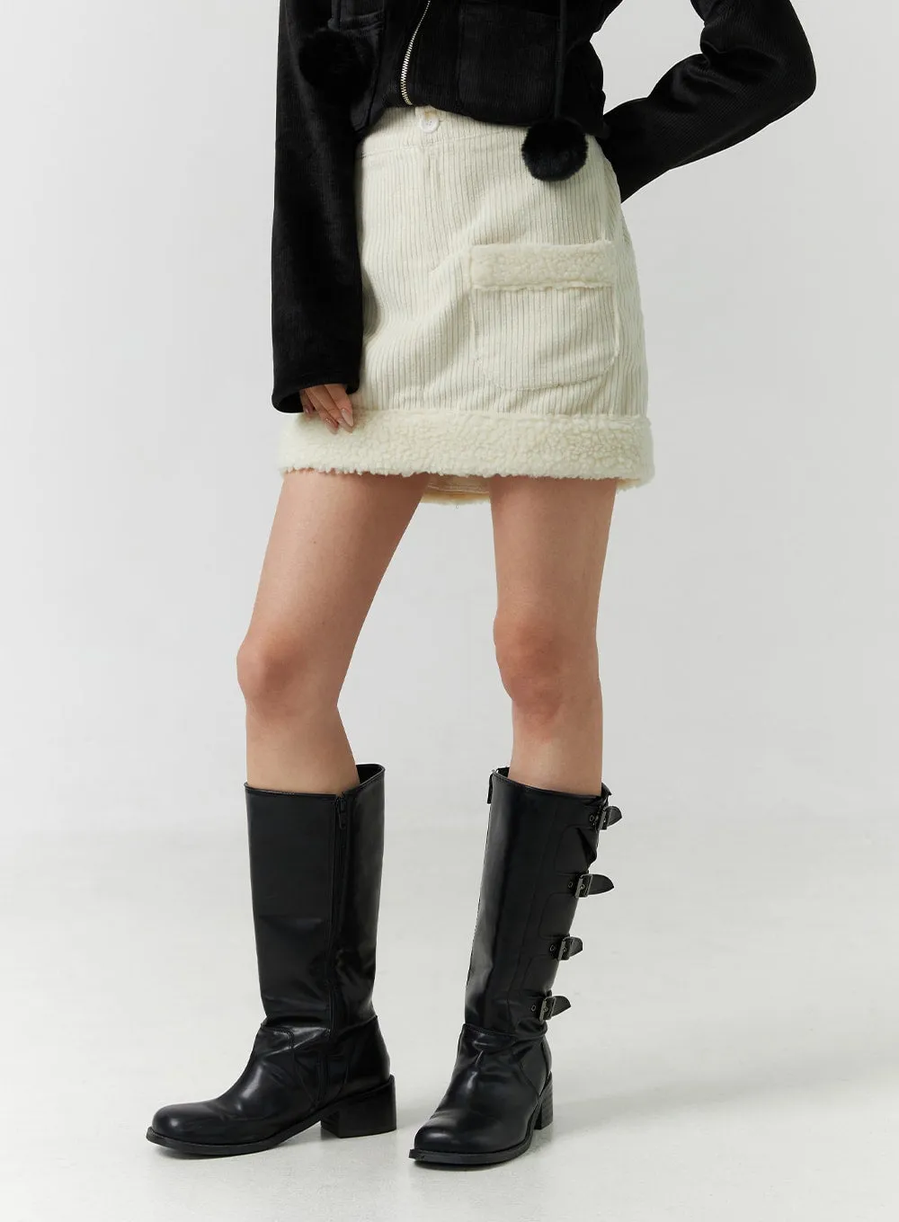 Corduroy Faux Fur Trimmed Mini Skirt CN329