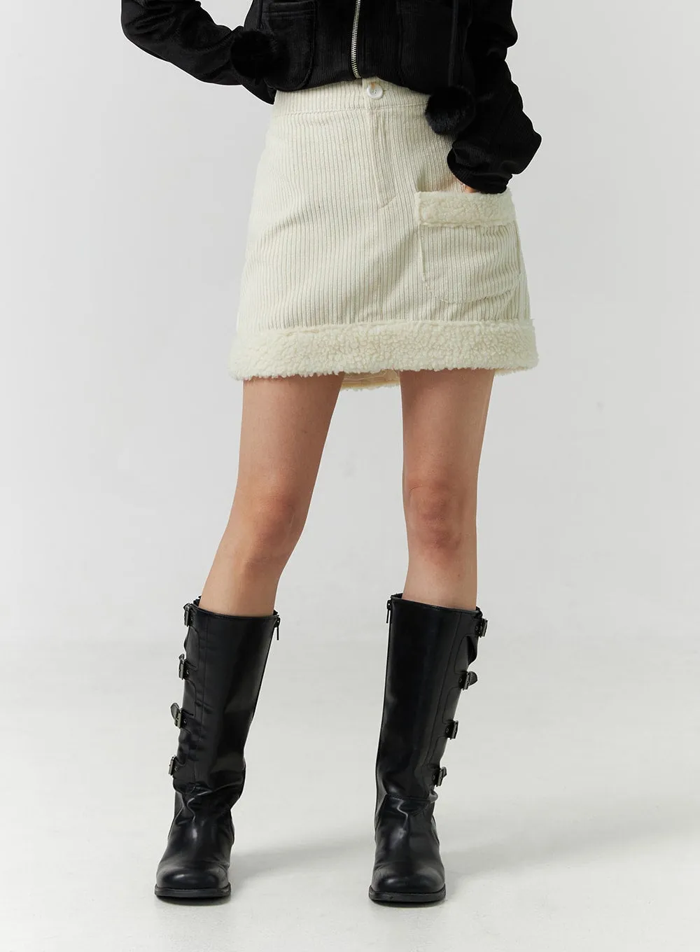 Corduroy Faux Fur Trimmed Mini Skirt CN329