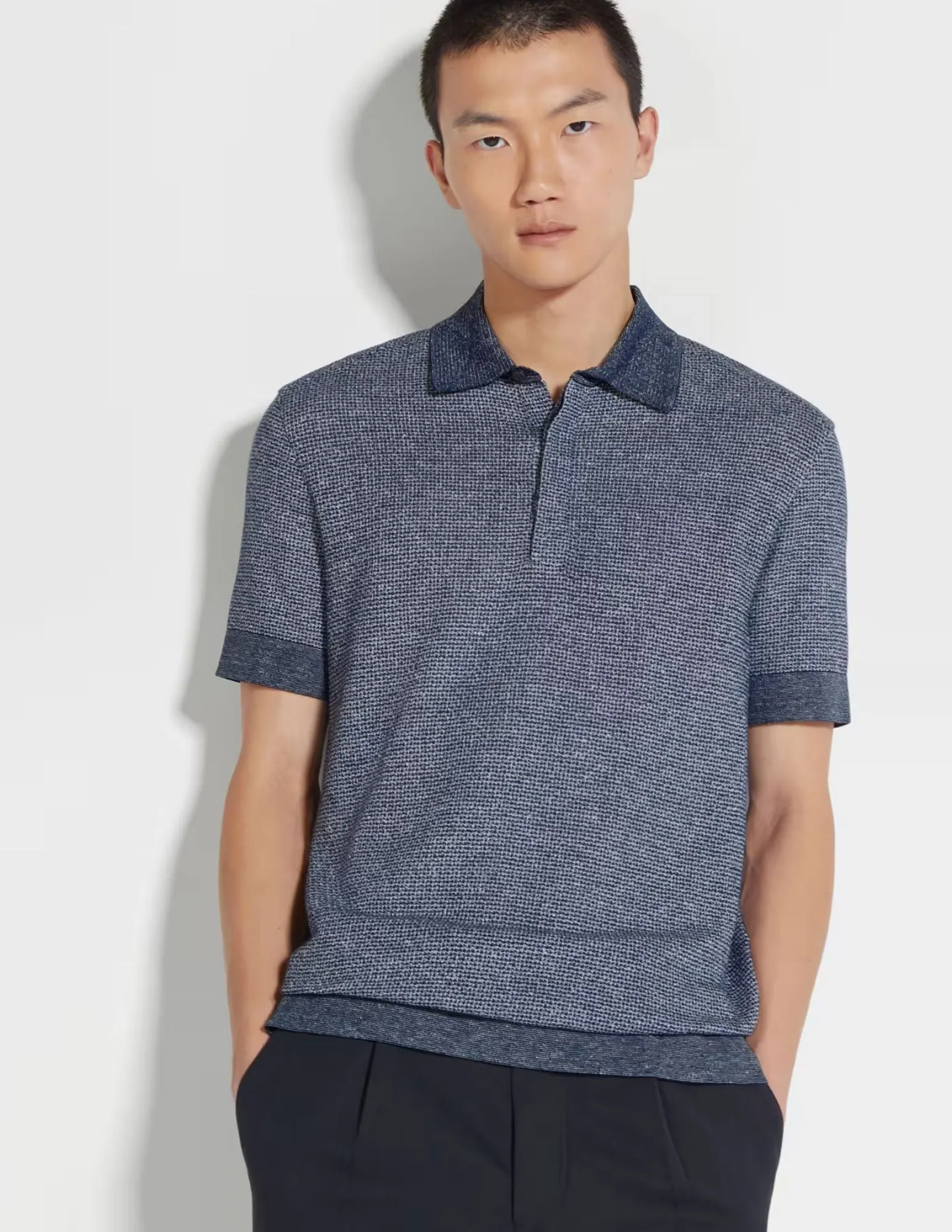 Cotton Linen and Silk Polo | Utility Blue