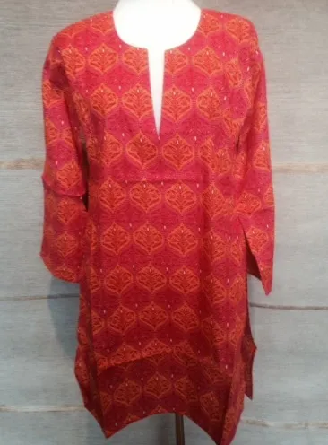 Cotton Tunic Top in Red with Orange Damask