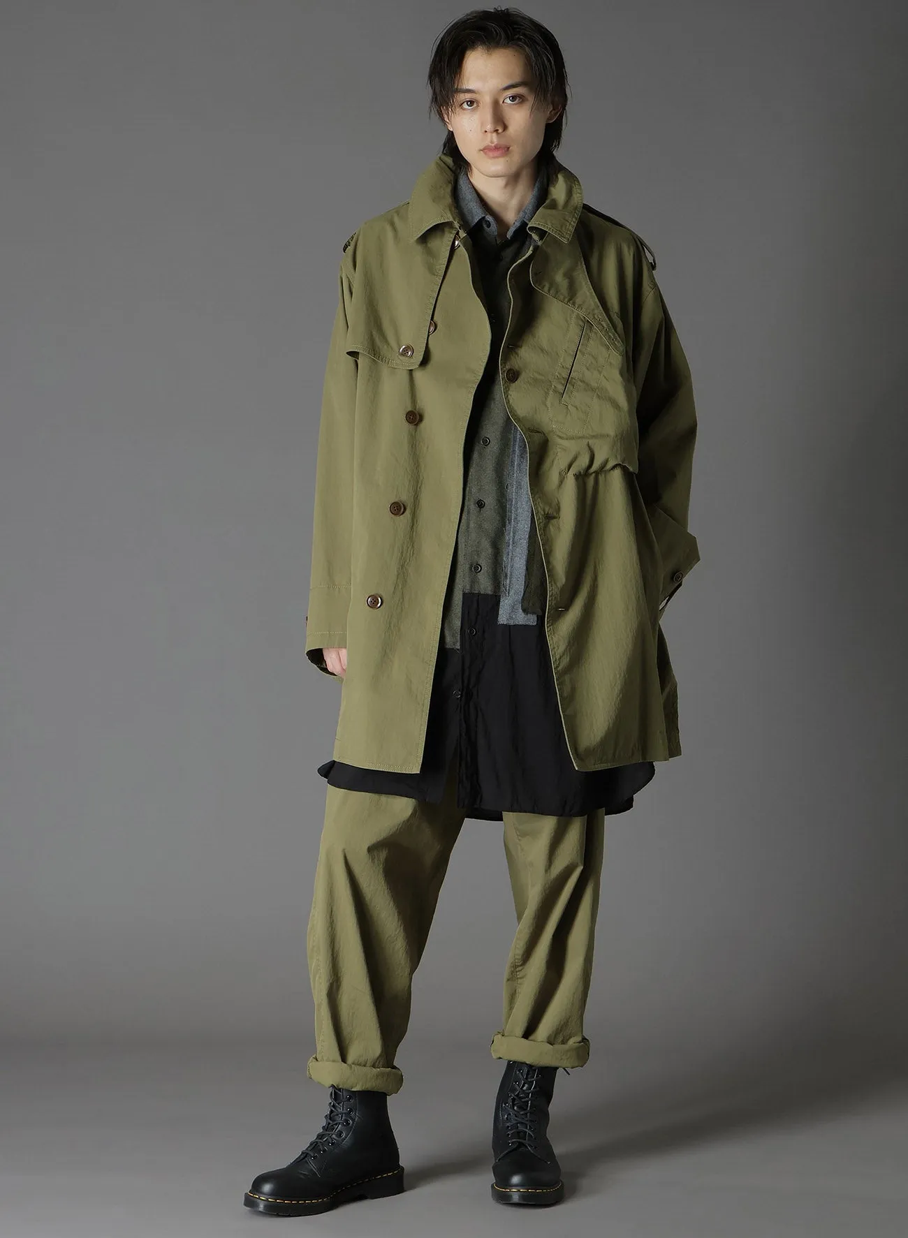 COTTON/NYLON OXFORD ZIPPER TRENCH COAT WITH FULLED WOOL GAUZE POCKETS