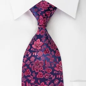 Countess Mara Silk Necktie Purple Floral On Blue Sparkling With Rhinestones