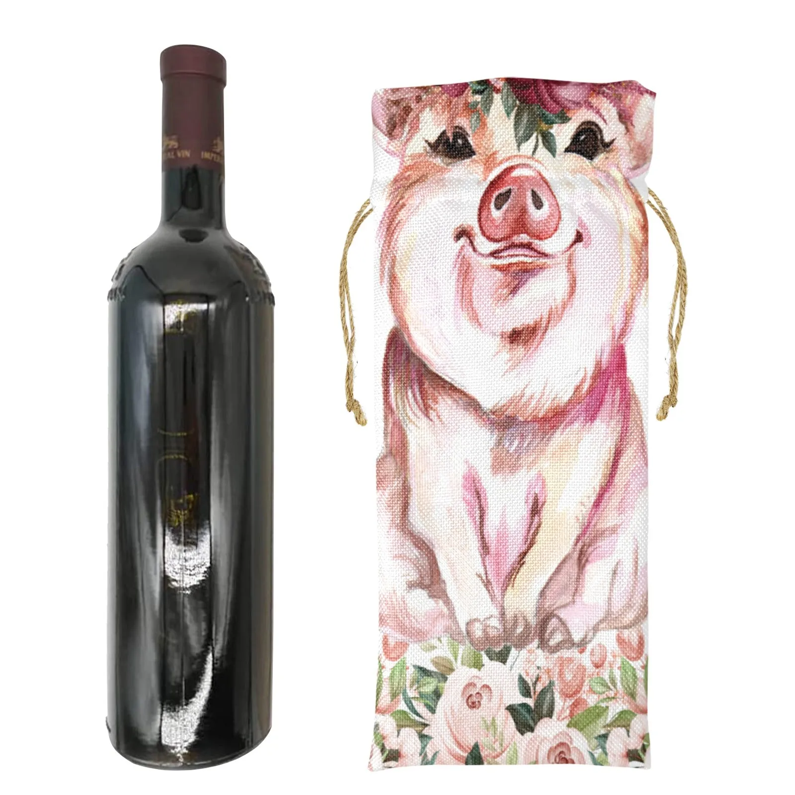 Country Pig awd1375 Linen Wine Bottle Bag