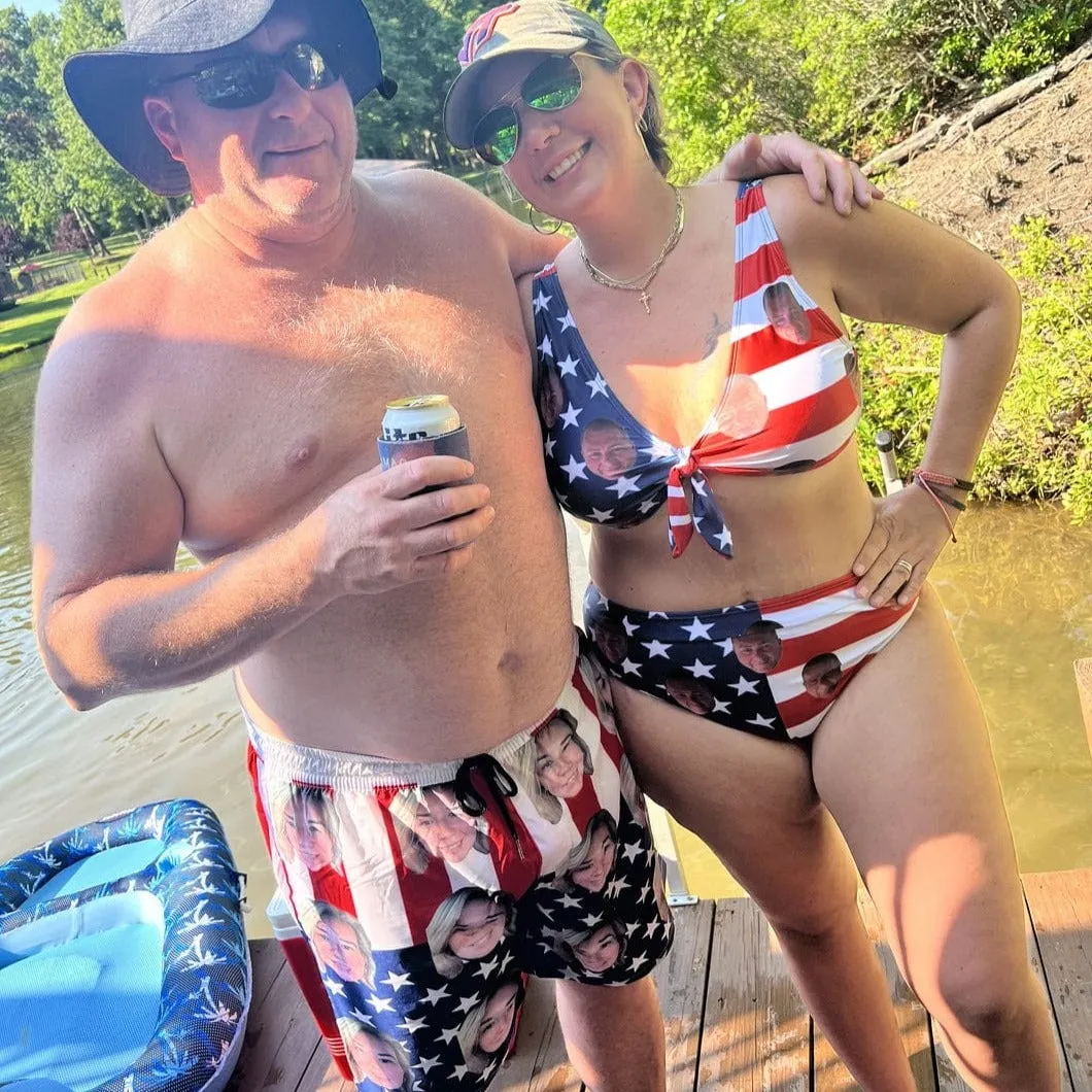 #Couple Matching Swimwear #American Flag Bathingsuit #Independence Day#Custom Husband Face American Flag Swimsuit Personalized Bikini & Swim Trunks Celebrate Holiday Party