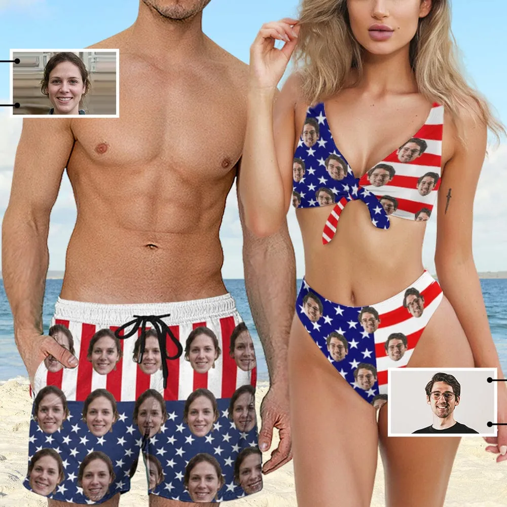 #Couple Matching Swimwear #American Flag Bathingsuit #Independence Day#Custom Husband Face American Flag Swimsuit Personalized Bikini & Swim Trunks Celebrate Holiday Party