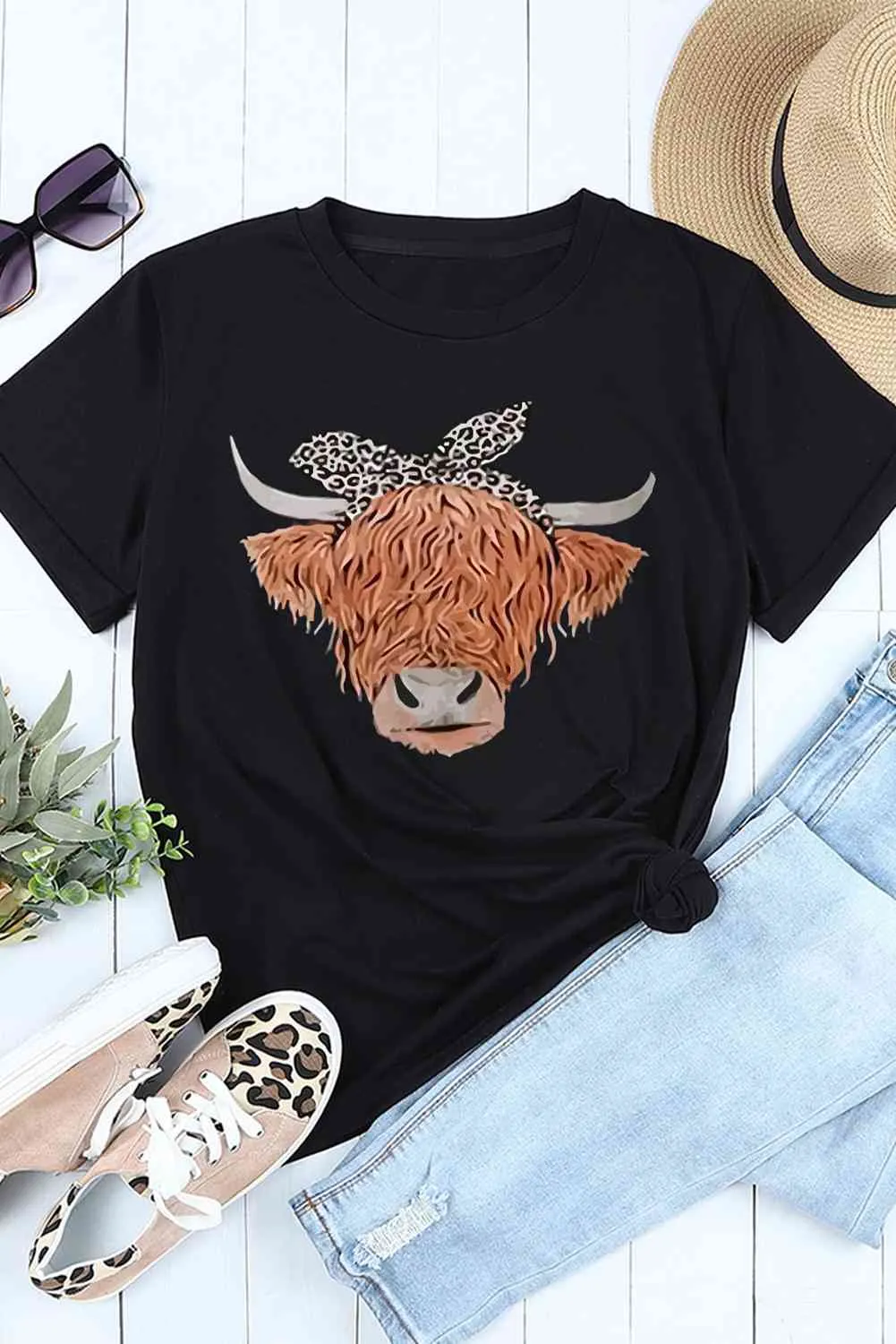 Cow Graphic Round Neck T-Shirt