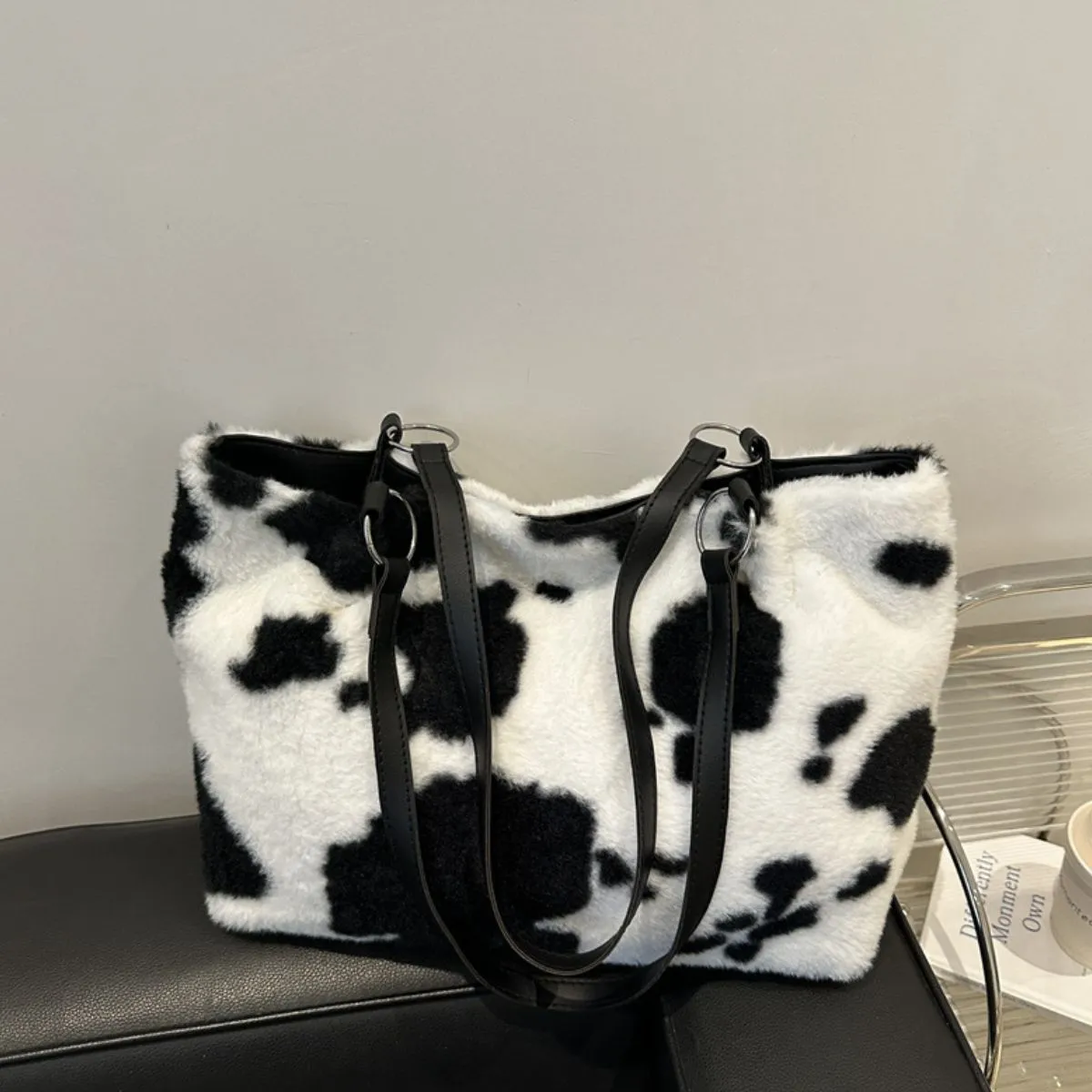 Cow Print Furry Tote Bag