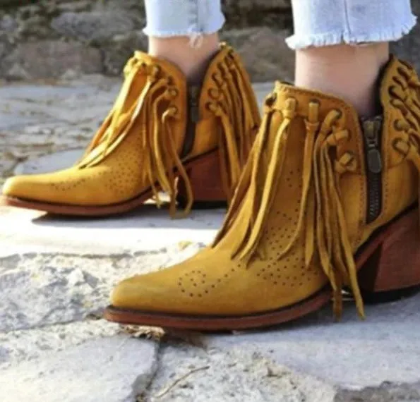 Cowgirl Boots Fringe Western Booties Female Suede Low Heel Round Toe Tassel Boots