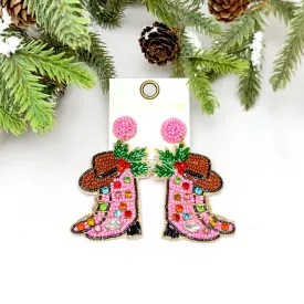 Cowgirl Christmas Beaded Boot Earrings in Pink