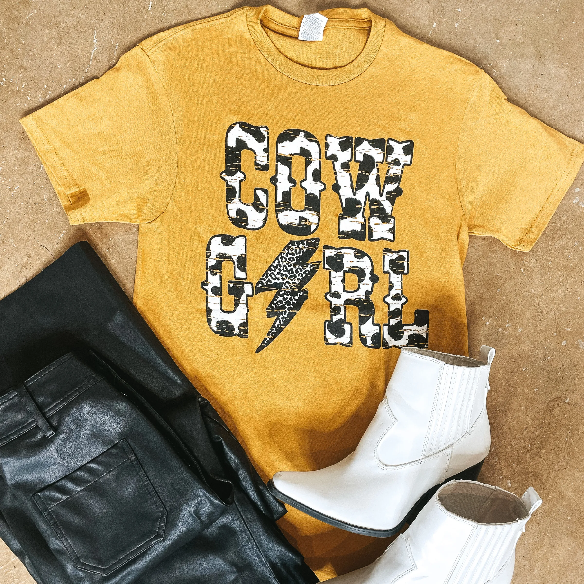 Cowgirl Lightning Bolt Short Sleeve Graphic Tee in Mustard Yellow