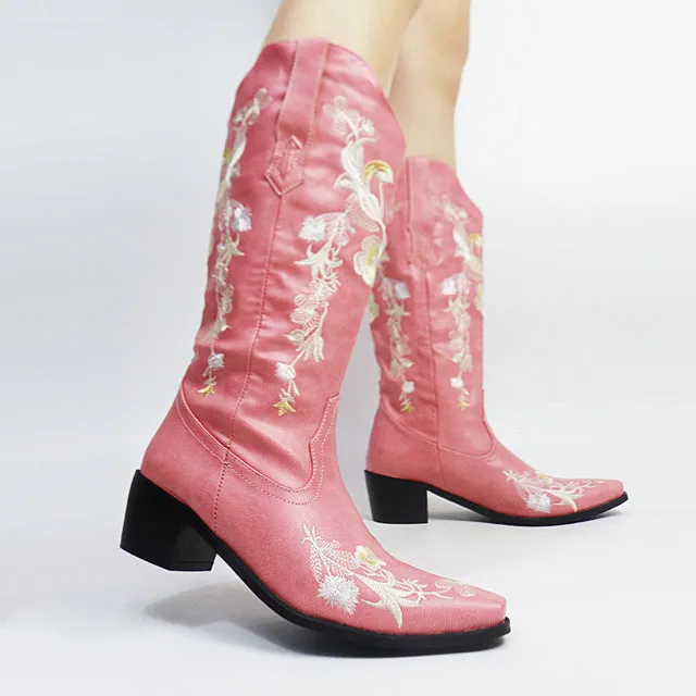 Cowgirls Women Western Cowboy Boots Floral Mid Calf Embroidery Shoes Ridding Boots