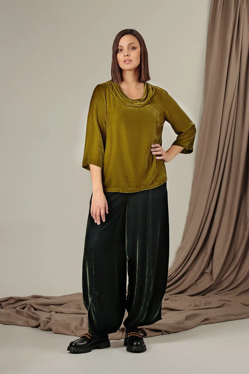 Cowl Neck Golden Lime Silk Velvet Blouse